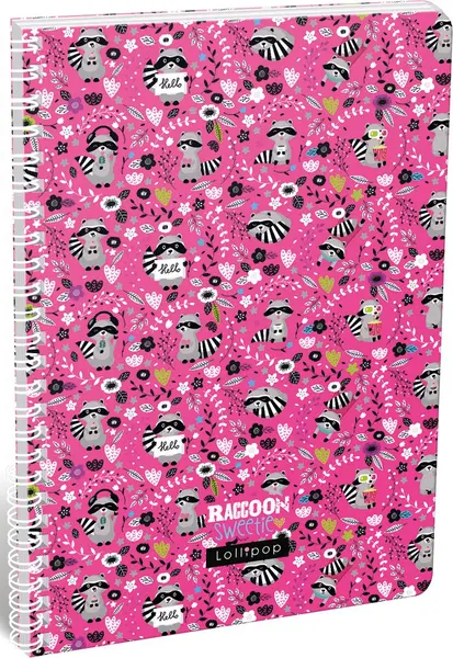 Caiet cu spirala Lizzy Card - Raccoon, A4, 70 de foi, randuri largi