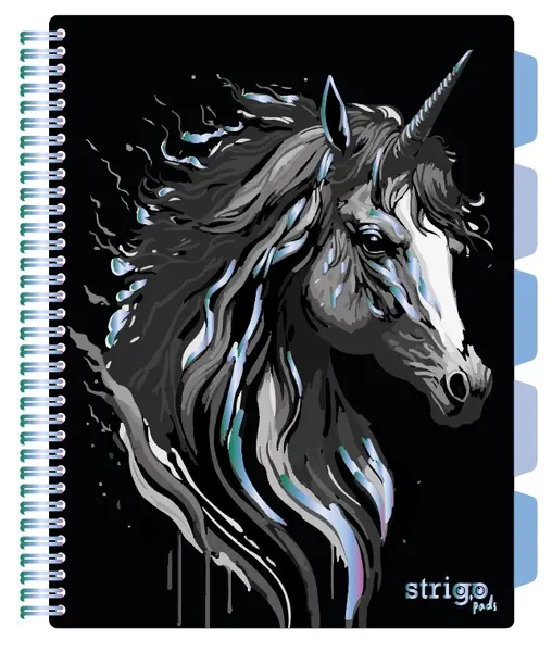 Caiet cu Spirala si Separatoare Strigo Pads Project Book Unicorn A4, Dictando, Negru