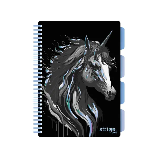 Caiet cu Spirala si Separatoare Strigo Pads Project Book UNICORN B5, Dictando, Negru