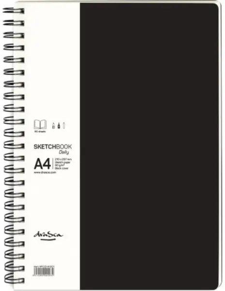 Caiet de schițe pentru desen cu spirală Drasca Daily - Negru, 80 file, A4