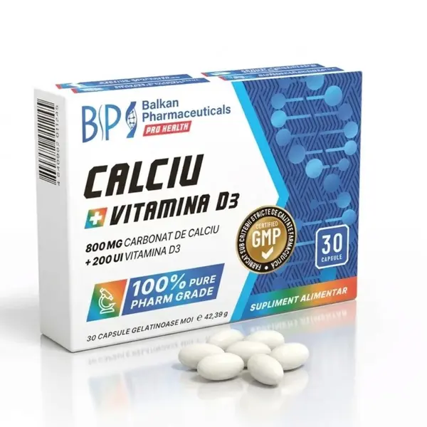 Calciu și Vitamina D3, Supliment pentru Sănătatea Oaselor și Dinților, 800 mg, 200 ui, 30 caps