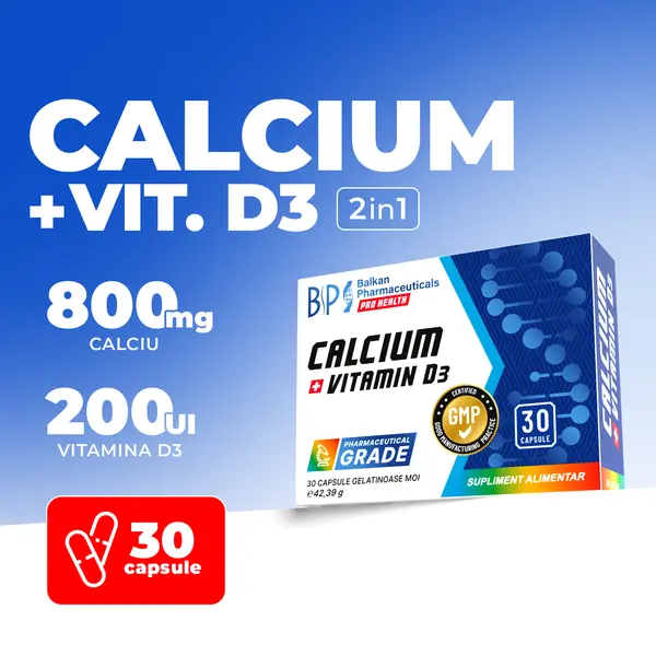 Calciu și Vitamina D3, Supliment pentru Sănătatea Oaselor și Dinților, 800 mg, 200 ui, 30 caps