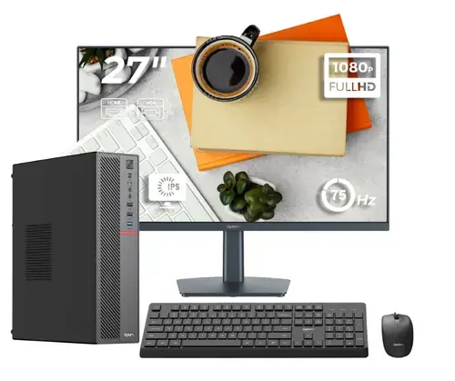Calculator Sistem PC Office OptimX T5 SFF, Intel Pentium Gold G6400T, 16GB DDR4, 1TB SSD, Win11 Pro si Monitor 27inch FHD, IPS, LED + kit tastatura si mouse Pro KM500 cu fir