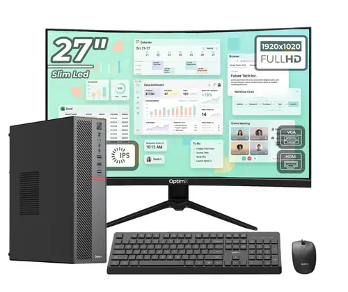 Calculator Sistem PC Office Premium OptimX T5 SFF cu procesor Intel Core i5-10400, 16GB DDR4, 1TB SSD, Win11 Pro si Monitor Curbat 27inch FHD, IPS, LED + kit tastatura si mouse Pro KM500 cu fir