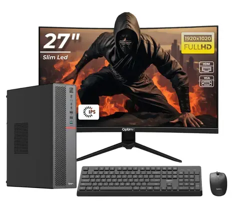 Calculator Sistem PC OptimX T5 SFF cu procesor Intel Core i3-9100, 8GB DDR4, 256GB SSD, Windows 11 Pro și Monitor Curbat 27inch FHD IPS LED + kit tastatura si mouse Pro KM500 cu fir
