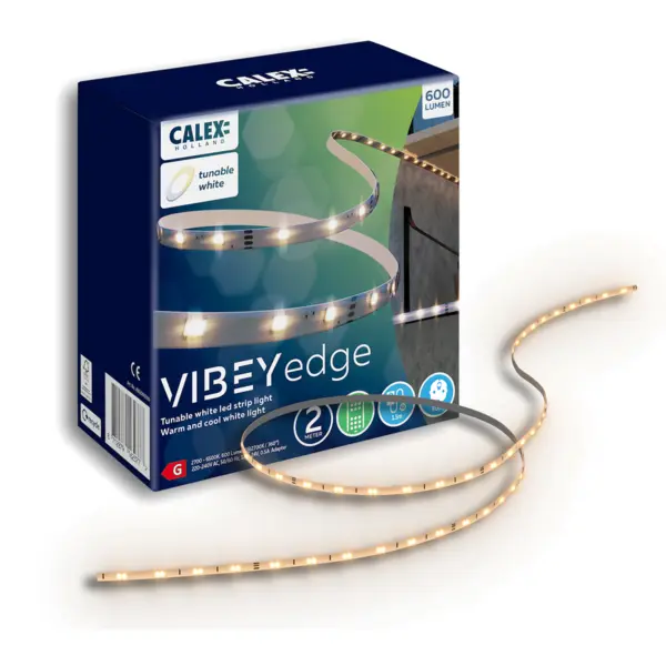 Calex Banda LED CCT Calex Vibey Edge, telecomanda, 600 lm, lumina alba reglabila (2700-6500K), IP20, 2m, Clasa energetica G