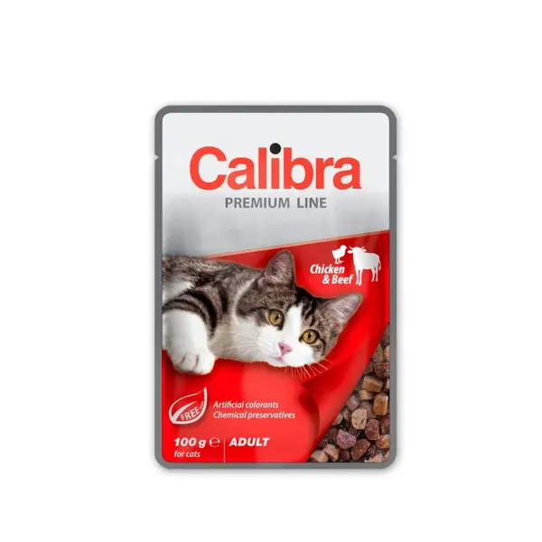 CALIBRA Premium Line, Pui și Vită, plic hrană umedă pisici, (în suc propriu), 100g