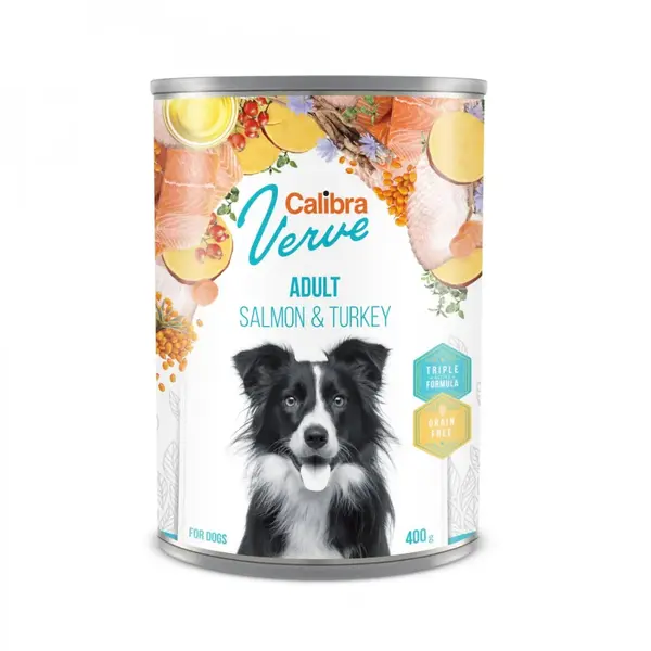 CALIBRA Verve GF, XS-XL, Somon și Curcan, conservă hrană umedă fără cereale câini, (pate), 400g