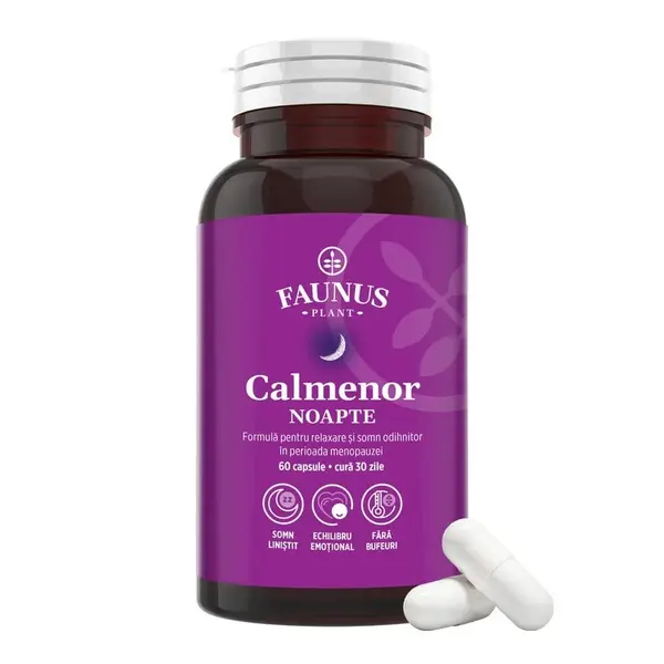 Calmenor Noapte – Formulă naturală cu plante, vitamine și melatonină pentru somn odihnitor și confort în menopauză. Flacon 60 capsule