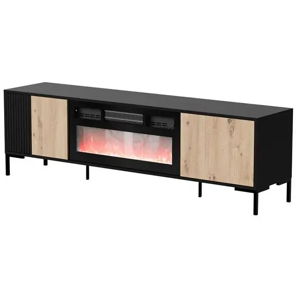 Cama MEBLE Comoda Cama Meble RTV Merci 180x40x53.5 cm, PAL-MDF, cu semineu electric, Negru-Stejar