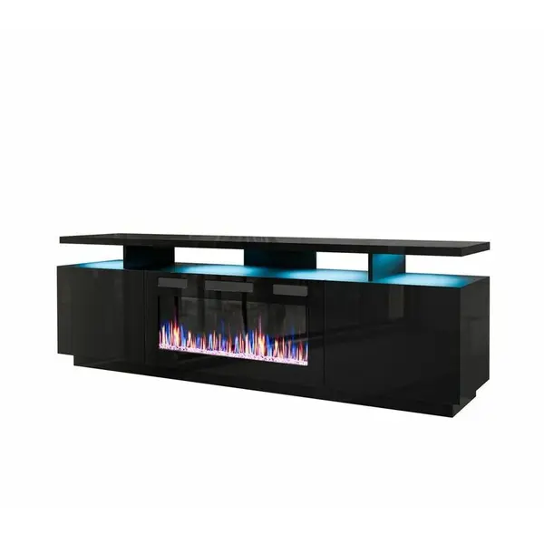 Cama MEBLE Comoda TV Cama Meble Eva cu semineu electric 180x40x52 cm, PAL-MDF, Negru lucios