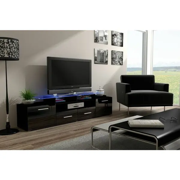 Cama MEBLE Comoda TV Cama Meble Evora 200, MDF-PAL, Negru lucios