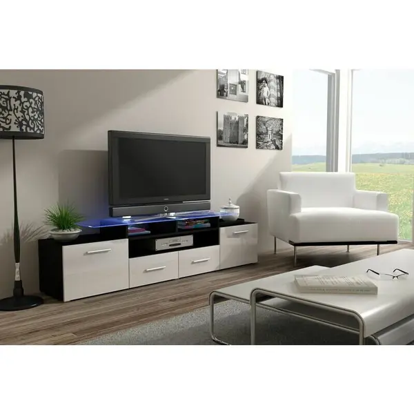 Cama MEBLE Comoda TV Cama Meble Evora 200, PAL-MDF, Negru-Alb lucios