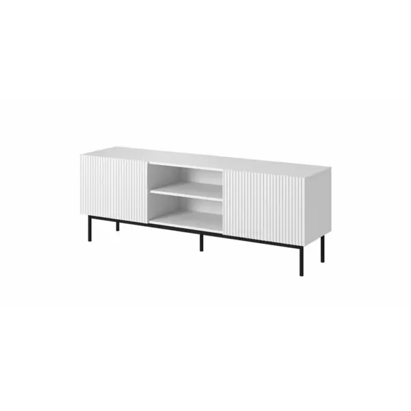 Cama MEBLE Comoda TV Cama Meble Pafos pe cadru otel Negru 150x40x60 cm, MDF-PAL, Alb mat