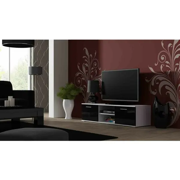 Cama MEBLE Comoda TV Cama Meble Soho 140, Alb-Negru lucios