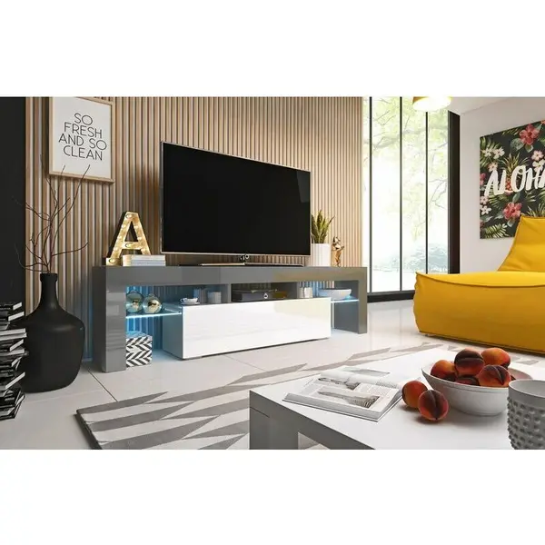 Cama MEBLE Comoda TV Cama Meble Toro 158, Gri-Alb lucios