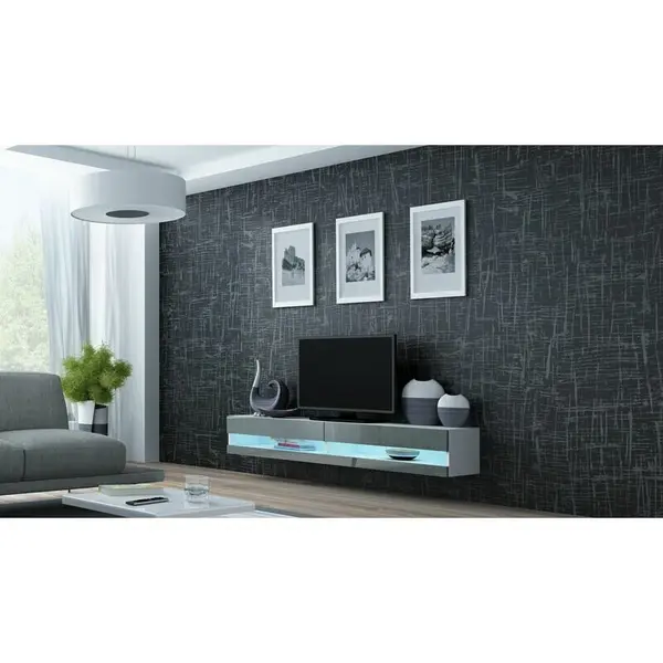 Cama MEBLE Comoda TV Cama Meble Vigo New, 30/140/40 cm, Alb-Gri lucios