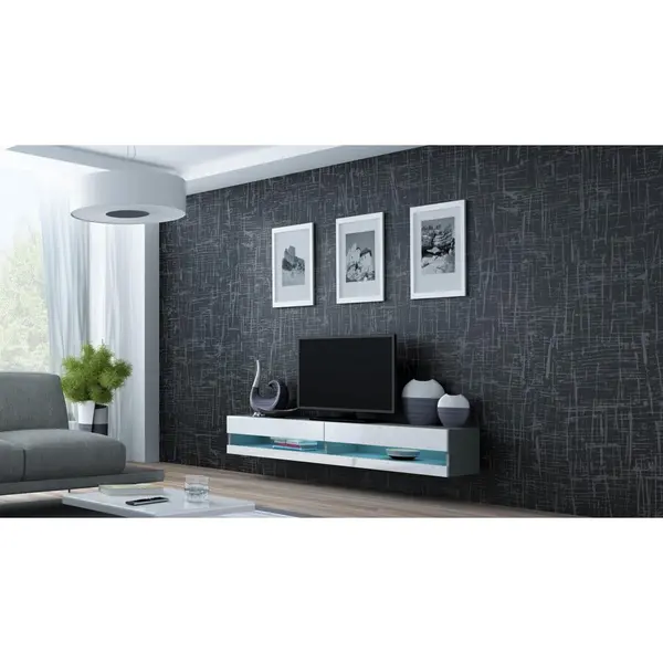 Cama MEBLE Comoda TV Cama Meble Vigo Newm 30/180/40cm, Gri-Alb lucios