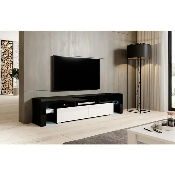 Cama MEBLE Comoda TV Cama MebleToro 200, Negru-Alb lucios
