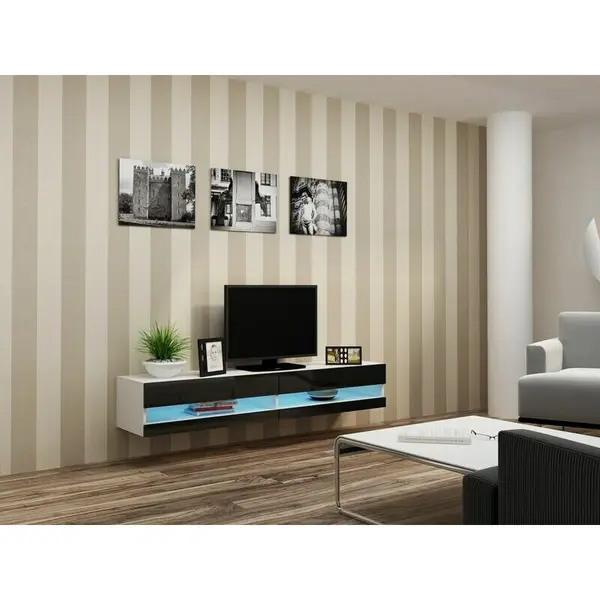 Cama MEBLE Suport TV Cama Merble Vigo New 30-180-40, Alb-Negru lucios