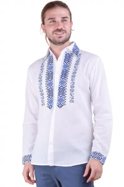 Camasa barbateasca traditionala alba cu motiv floral albastru Ioan 02