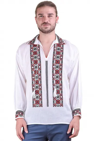Camasa barbateasca traditionala alba cu motiv floral rosu Gabriel 01