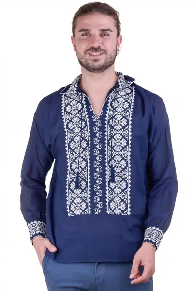 Camasa barbateasca traditionala albastra cu motiv floral alb Bogdan 02