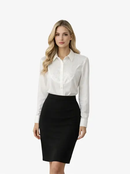 Camașă cu decolteu in V din Bumbac si Paiete "Elly", Alba - XL