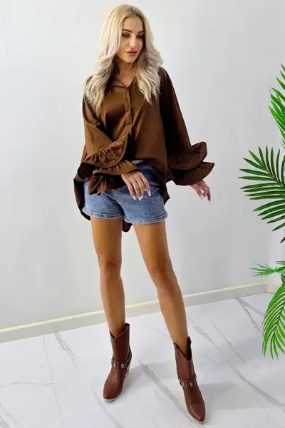 Camasa cu volane Sugar LoLLy si lungime asimetrica, Maro, Marime S/M/L