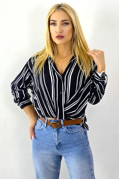 Camasa dama LOVINA, cu dungi si nod wrap, Negru/Alb