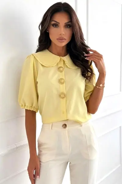 Camasa DARYA din bumbac, cu brose aurii si guler Peter Pan, Galben, Marime S/M/L