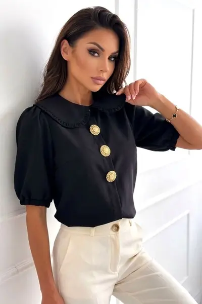 Camasa DARYA din bumbac, cu brose aurii si guler Peter Pan, Negru, Marime S/M/L