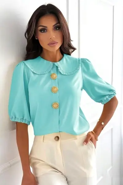 Camasa DARYA din bumbac, cu brose aurii si guler Peter Pan, Turquoise, Marime S/M/L