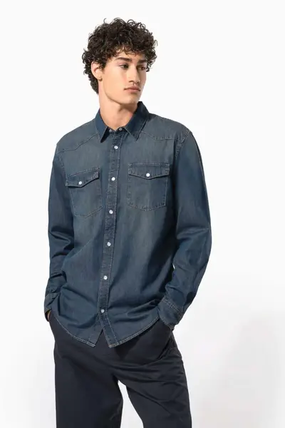 Cămașă denim bărbați mânecă lungă Kariban mărimea L Cămașă denim bărbați mânecă lungă Kariban mărimea L