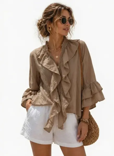 Camasa din bumbac cu volane decorative la maneci si decolteu, camel