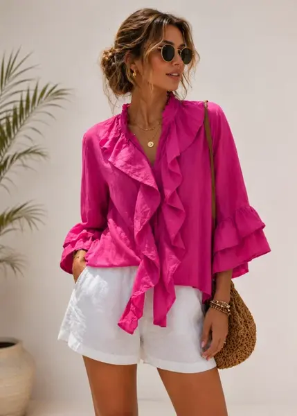 Camasa din bumbac cu volane decorative la maneci si decolteu, fucsia