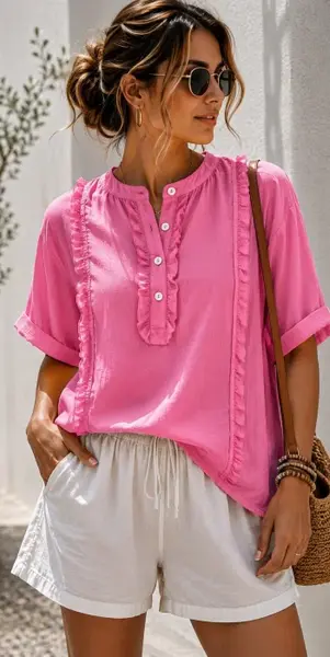 Camasa din bumbac cu volane decorative si nasturi, fucsia