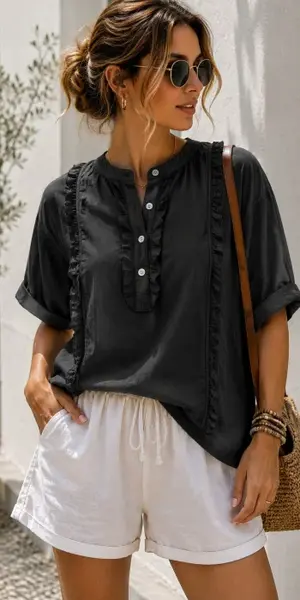 Camasa din bumbac cu volane decorative si nasturi, neagra
