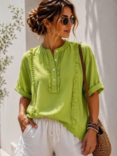 Camasa din bumbac cu volane decorative si nasturi, verde oliv