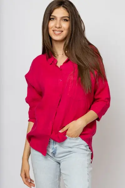 Camasa din in cu inel metalic pe spate Stella Milani, fucsia