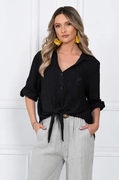 Camasa masura mare, din in, cu nod in fata, neagra