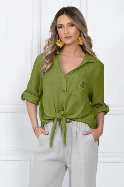 Camasa masura mare, din in, cu nod in fata, verde oliv