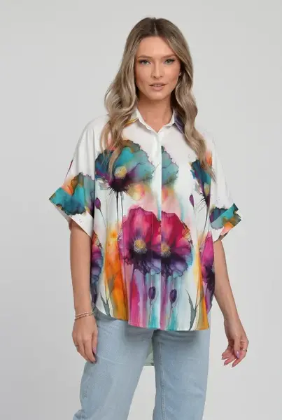 Camasa oversize cu maneca scurta din in si vascoza, imprimeu floral artistic