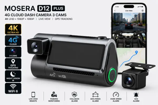 Camera auto DVR 4G MOSERA D12 PLUS, 3 camere, 4K UHD + Full HD + Full HD, Sony IMX415, GPS Tracking, WiFi 6, Night Vision IR, Cloud Live View,