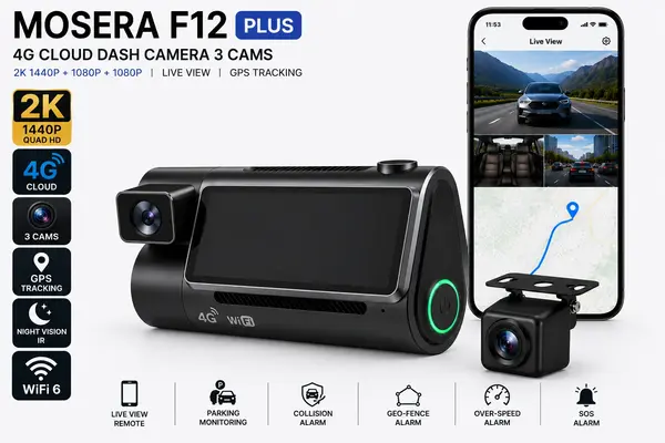 Camera auto DVR 4G MOSERA F12 PLUS, 3 camere, 2K + Full HD, Sony IMX415, GPS Tracking, WiFi 6, Night Vision IR, Cloud Live View, monitorizare parcare,