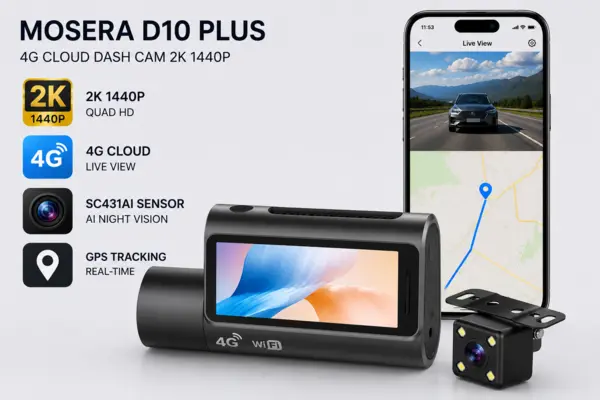 Camera auto DVR MOSERA D10 Plus 4G Cloud 2K , Ecran 3.18 Inch, GPS, Wi-Fi, monitorizare live, Night Vision, Parking Mode + camera spate Full HD 1080P,