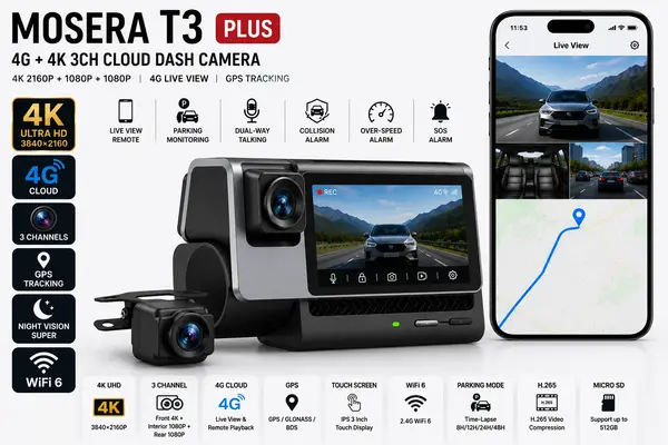 Camera auto DVR MOSERA T3 PLUS 4G Cloud 3CH, 4K Sony IMX415 + interior 1080P + camera spate 1080P, GPS, WiFi 6, ecran touch IPS 3 , Night Vision,