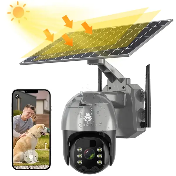 Camera de supraveghere 4G cu SIM, detectie miscare PIR, viziune nocturna color, rezolutie 4MP, audio bidirectional, panou solar inclus, stocare pe card si cloud, IP66, conectare de pe mai multe dispozitive, gri
