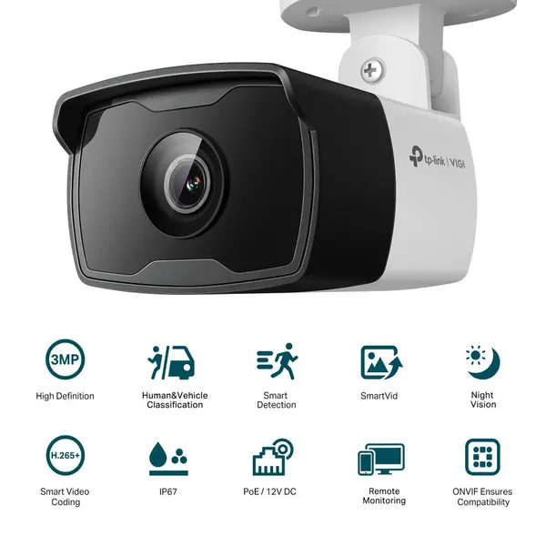Camera IP Bullet TP-Link VIGI C330I, 3MP, IR 50m, lentila fixa 2.8mm/4mm/6mm, PoE, IP67, VIGI C330I(2.8MM)