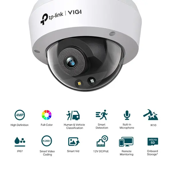 Camera IP Dome TP-Link VIGI C240, 4MP Full-Color, IR 30m si lumina alba 30m, lentila fixa 2.8mm/4mm, PoE, microfon integrat, IP67, IK10